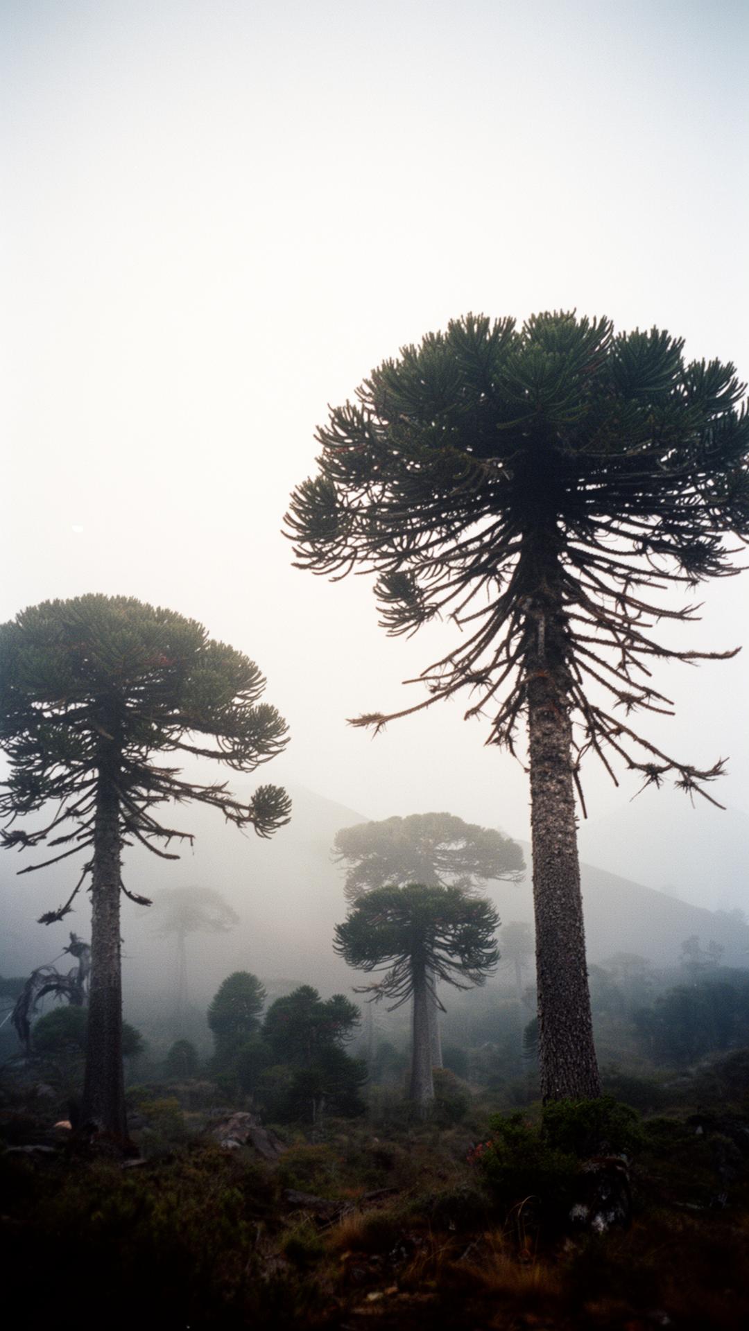 Araucarias en la neblina, bosque nativo chileno