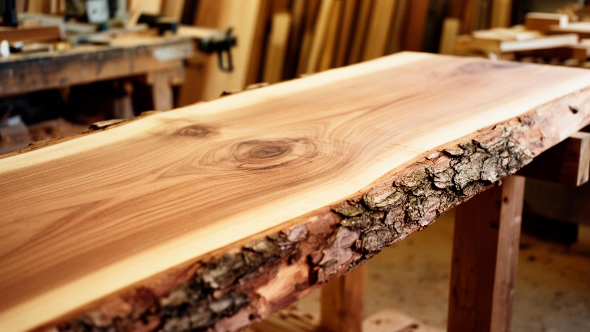Tablón de madera nativa con borde natural en taller
